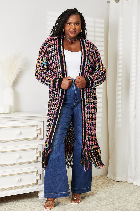 Angel Wings Full Size Multicolored Open Front Fringe Hem Cardigan | Maekery Studio