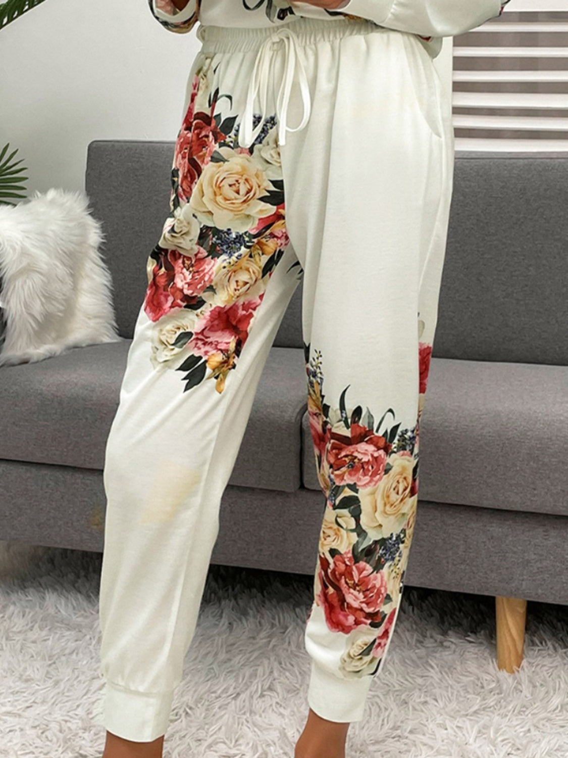 Shiny Printed Round Neck Top and Pants Lounge Set | Maekery Studio