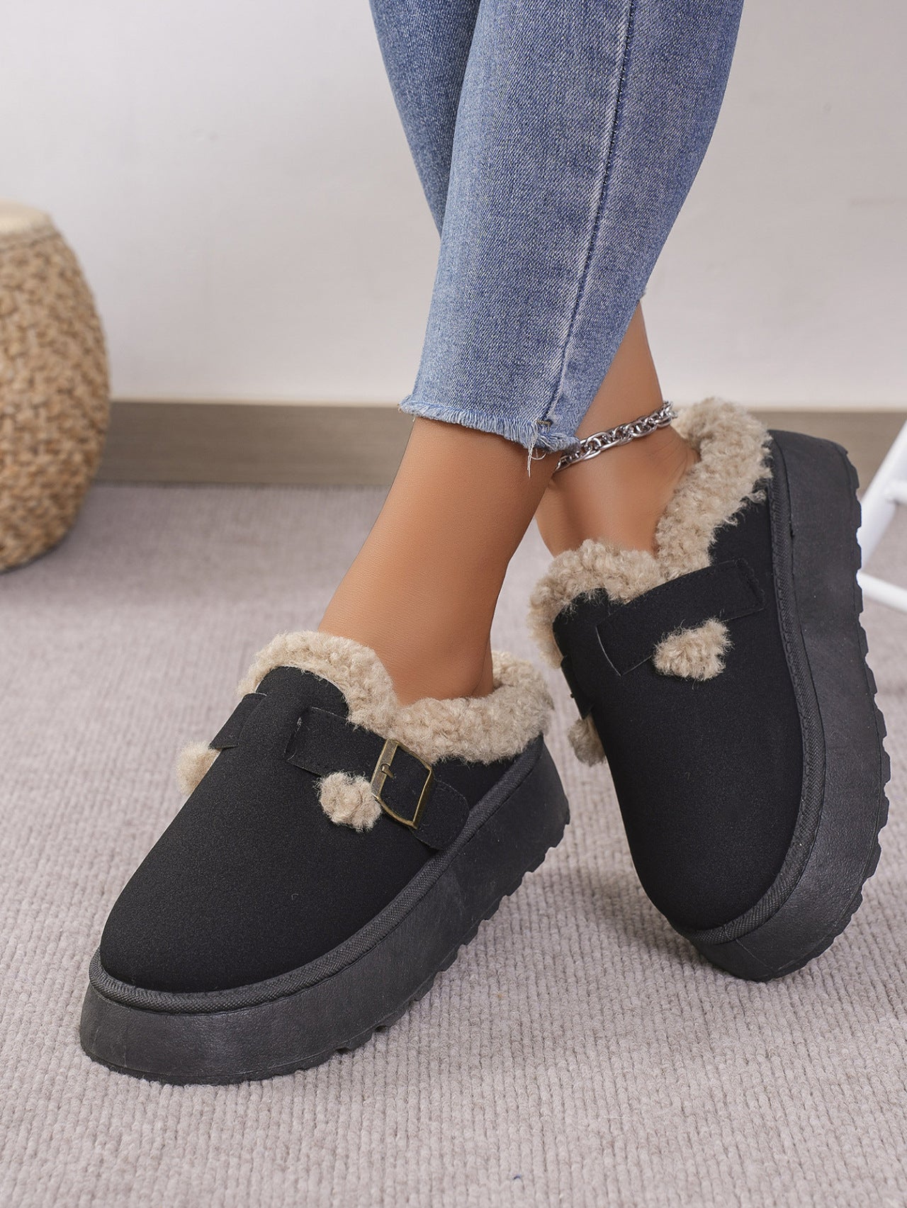 Thermal Fuzzy Buckle Platform Slippers | Maekery Studio