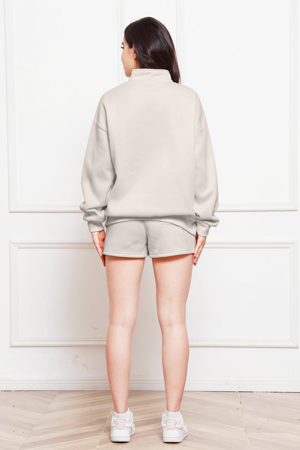 Half Zip Long Sleeve Sweatshirt and Drawstring Shorts Set | Maekery Studio