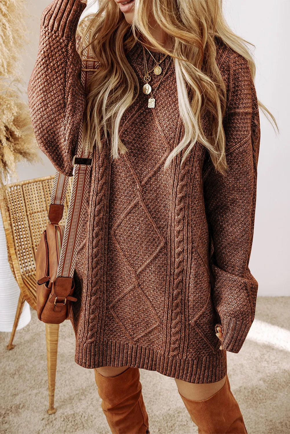 Cable-Knit Round Neck Sweater Dress | Maekery Studio