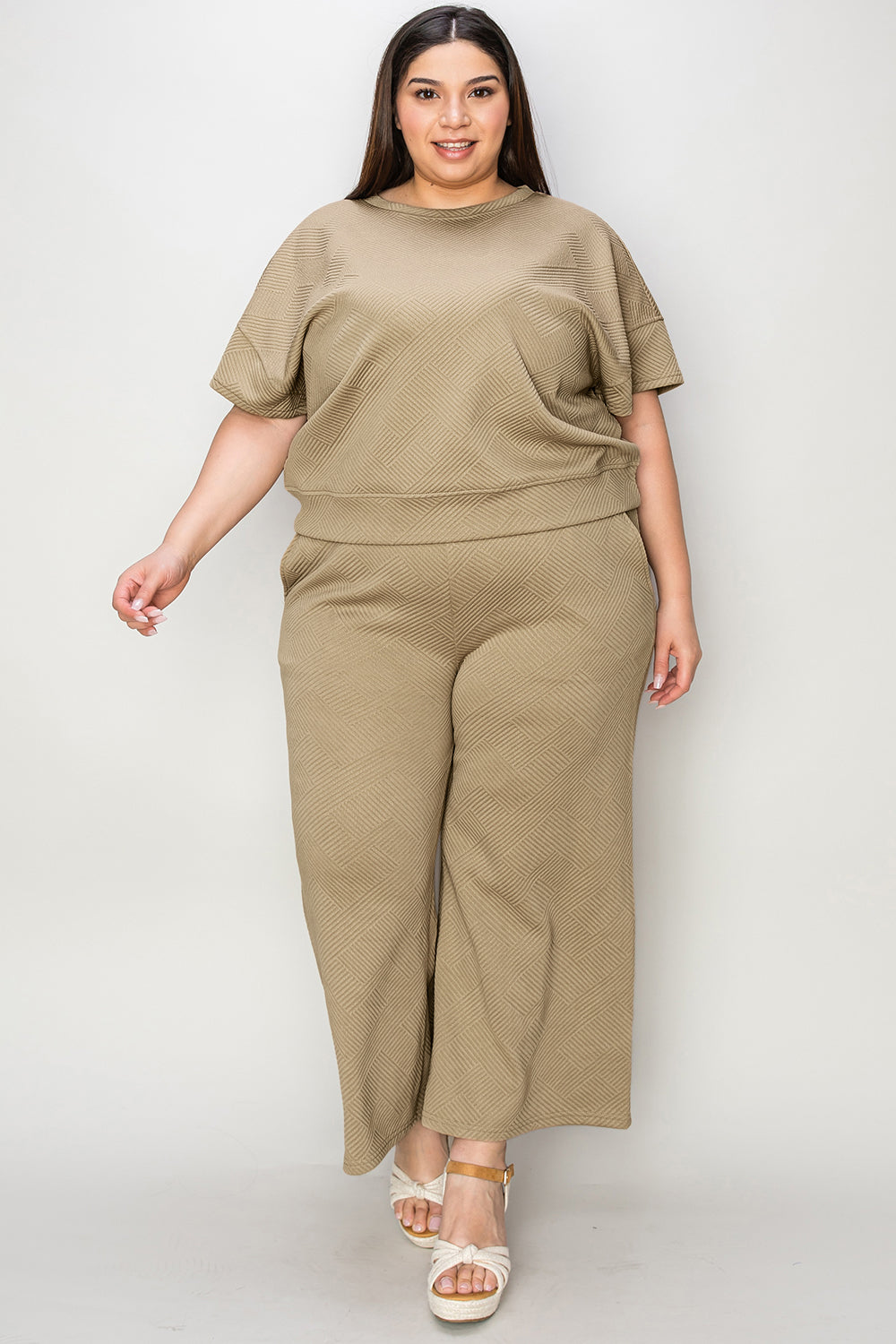 Double Take Full Size Texture Short Sleeve Top and Pants Set | Maekery Studio