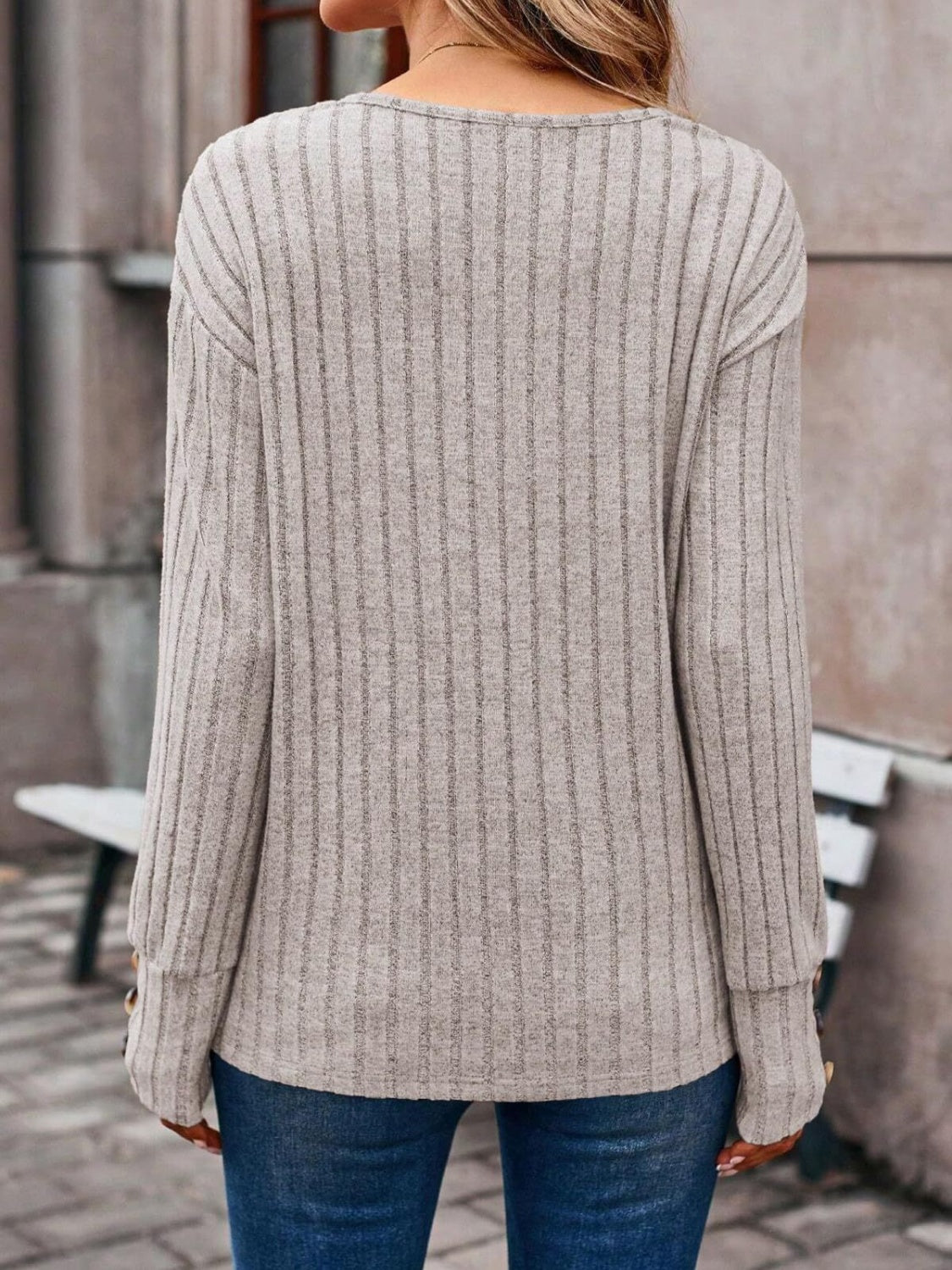 Ribbed V-Neck Long Sleeve T-Shirt | Maekery Studio