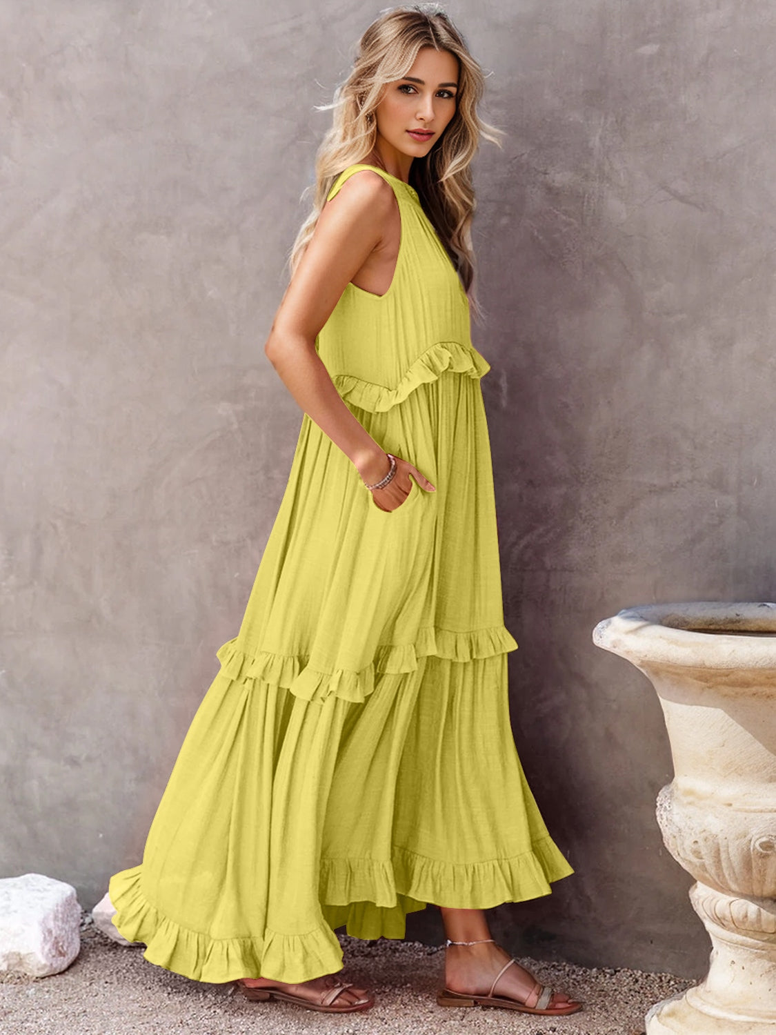 Ruffled Sleeveless Tiered Maxi Dress with Pockets | Maekery Studio