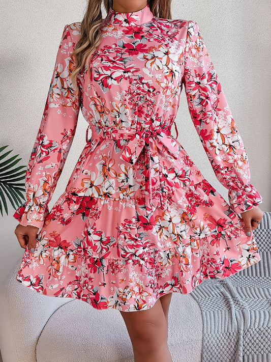 Printed Mock Neck Flounce Sleeve Mini Dress | Maekery Studio