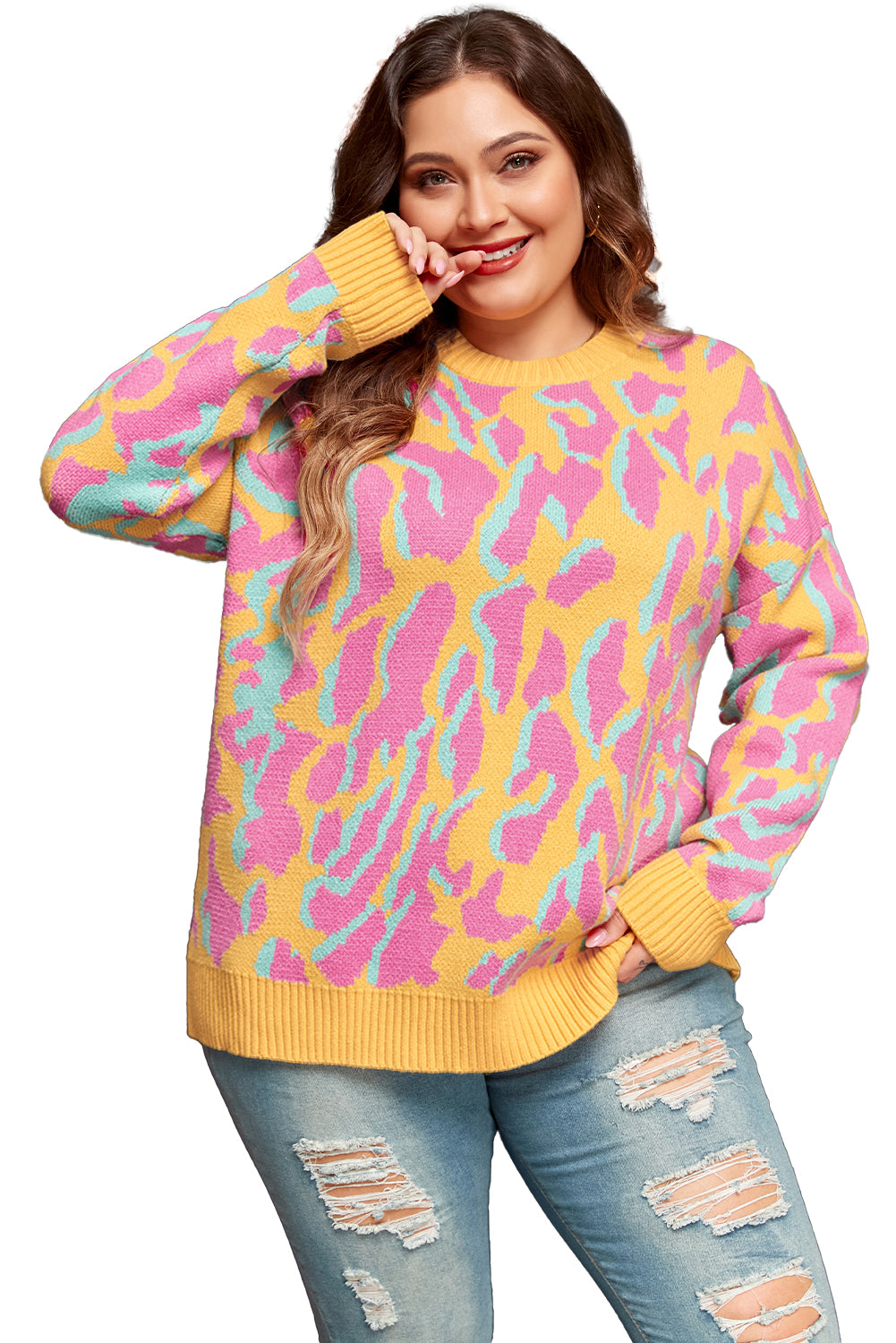 Bright Pink Plus Size Leopard Ribbed Trim Sweater | Maekery Studio