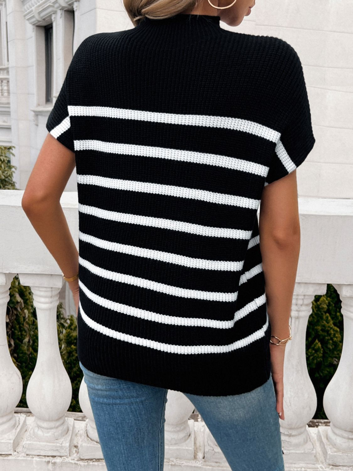 Devine Striped Mock Neck Short Sleeve Sweater | Maekery Studio