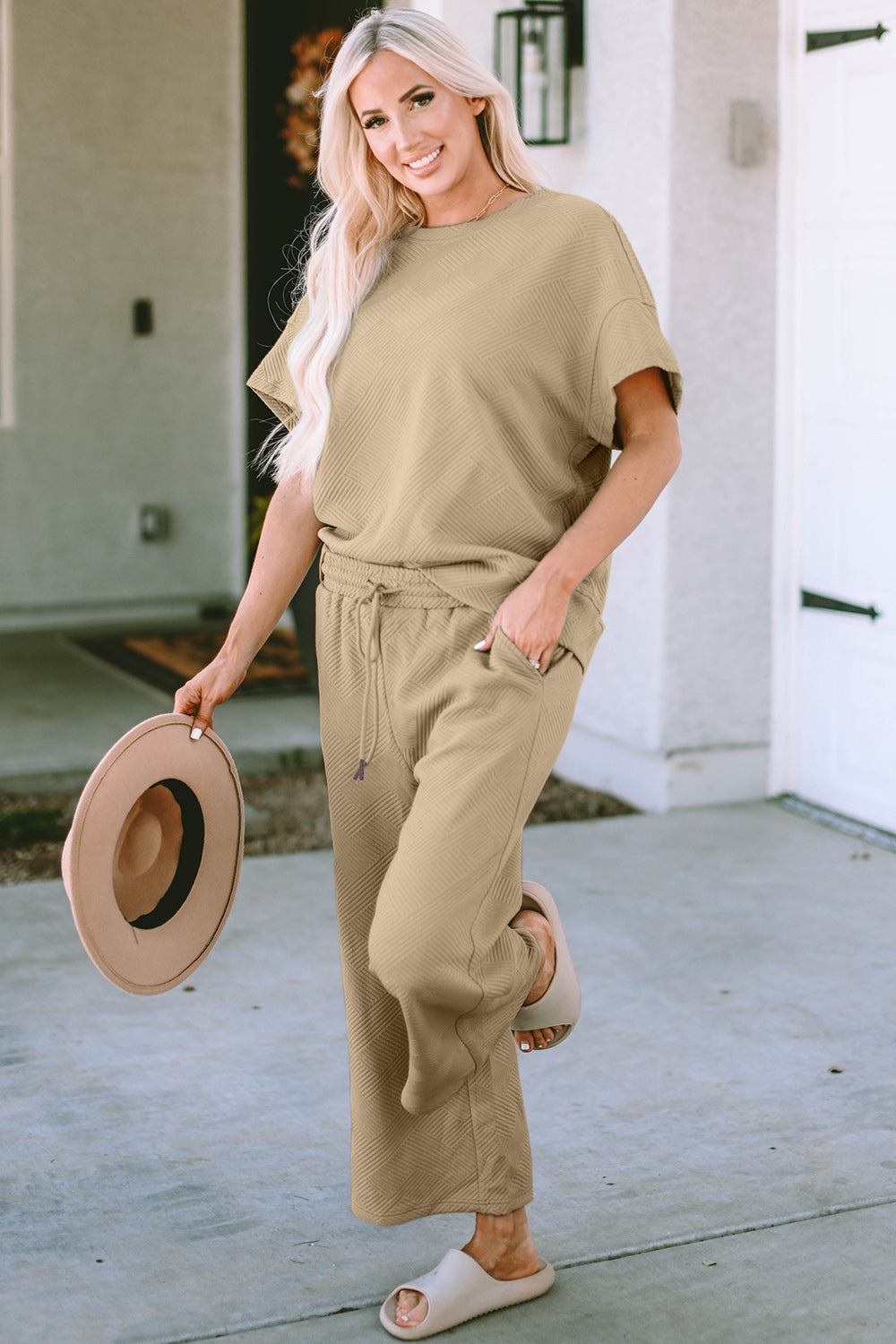 Double Take Full Size Texture Short Sleeve Top and Pants Set | Maekery Studio