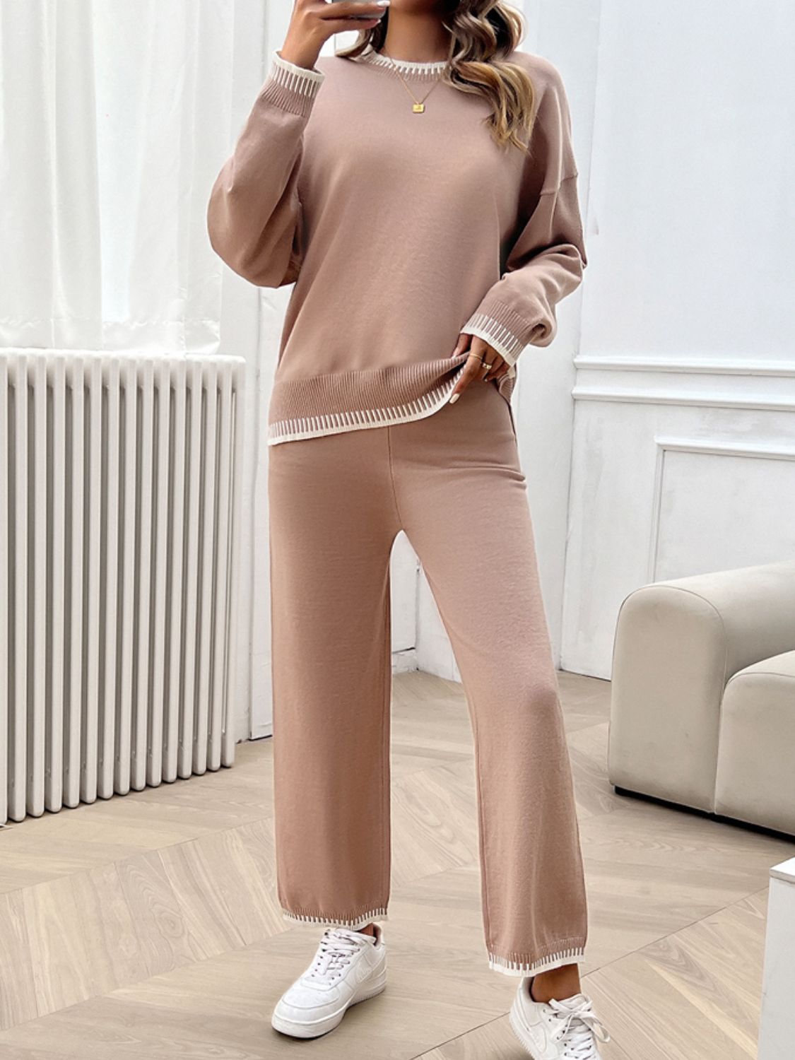 Devine Round Neck Dropped Shoulder Top and Pants Sweater Set | Maekery Studio