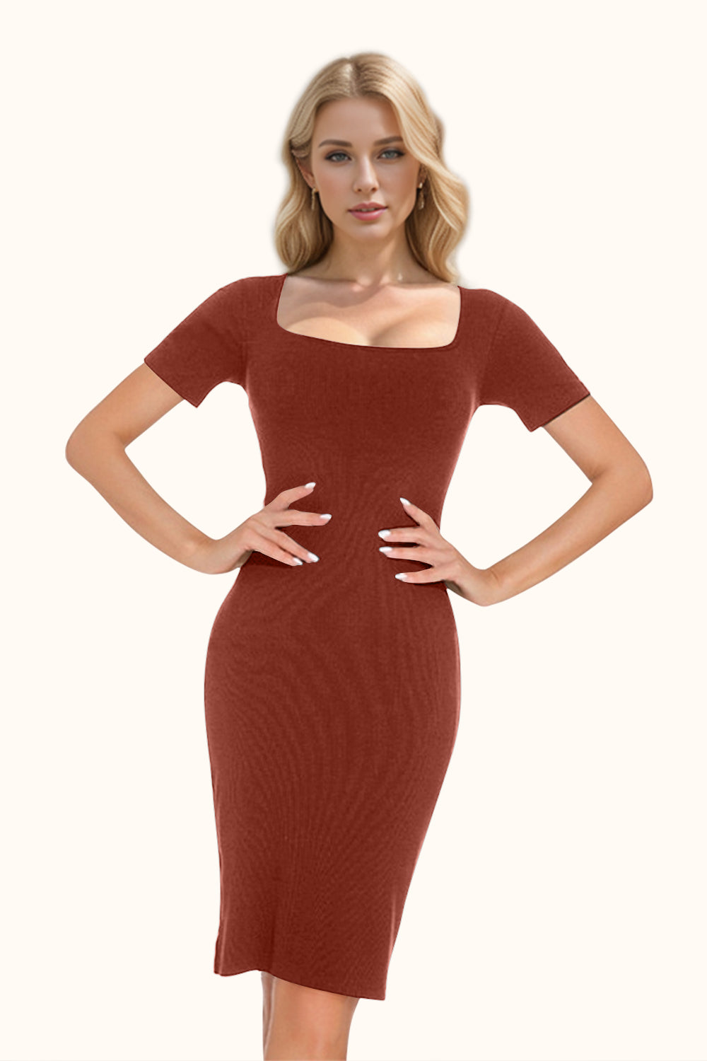 Basic Bae Full Size Built-In Shapewear Square Neck Short Sleeve Dress | Maekery Studio