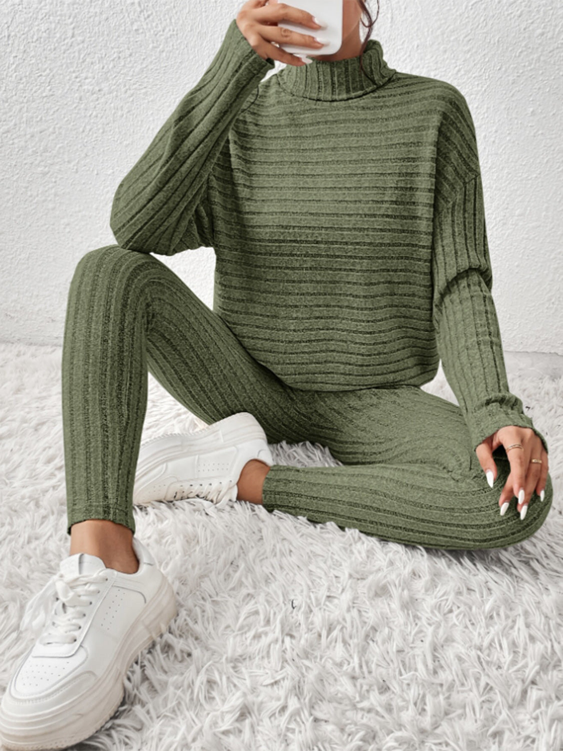 Ribbed Turtleneck Top and Pants Set | Maekery Studio