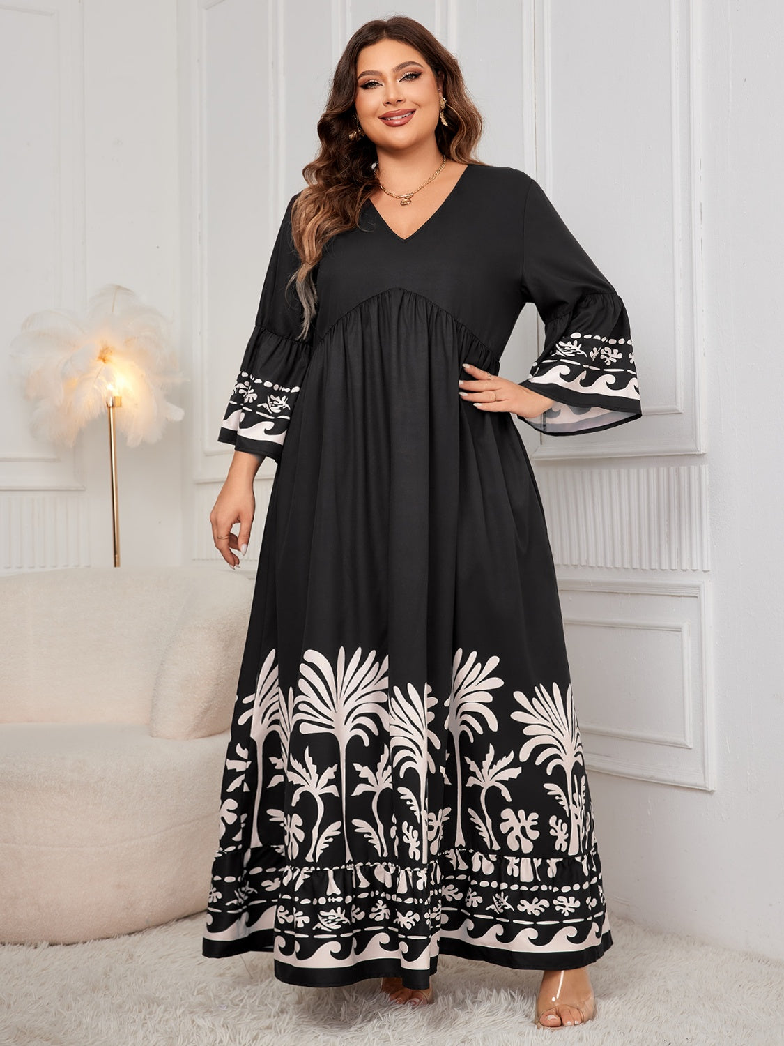 Honey Plus Size Printed V-Neck Long Sleeve Maxi Dress | Maekery Studio