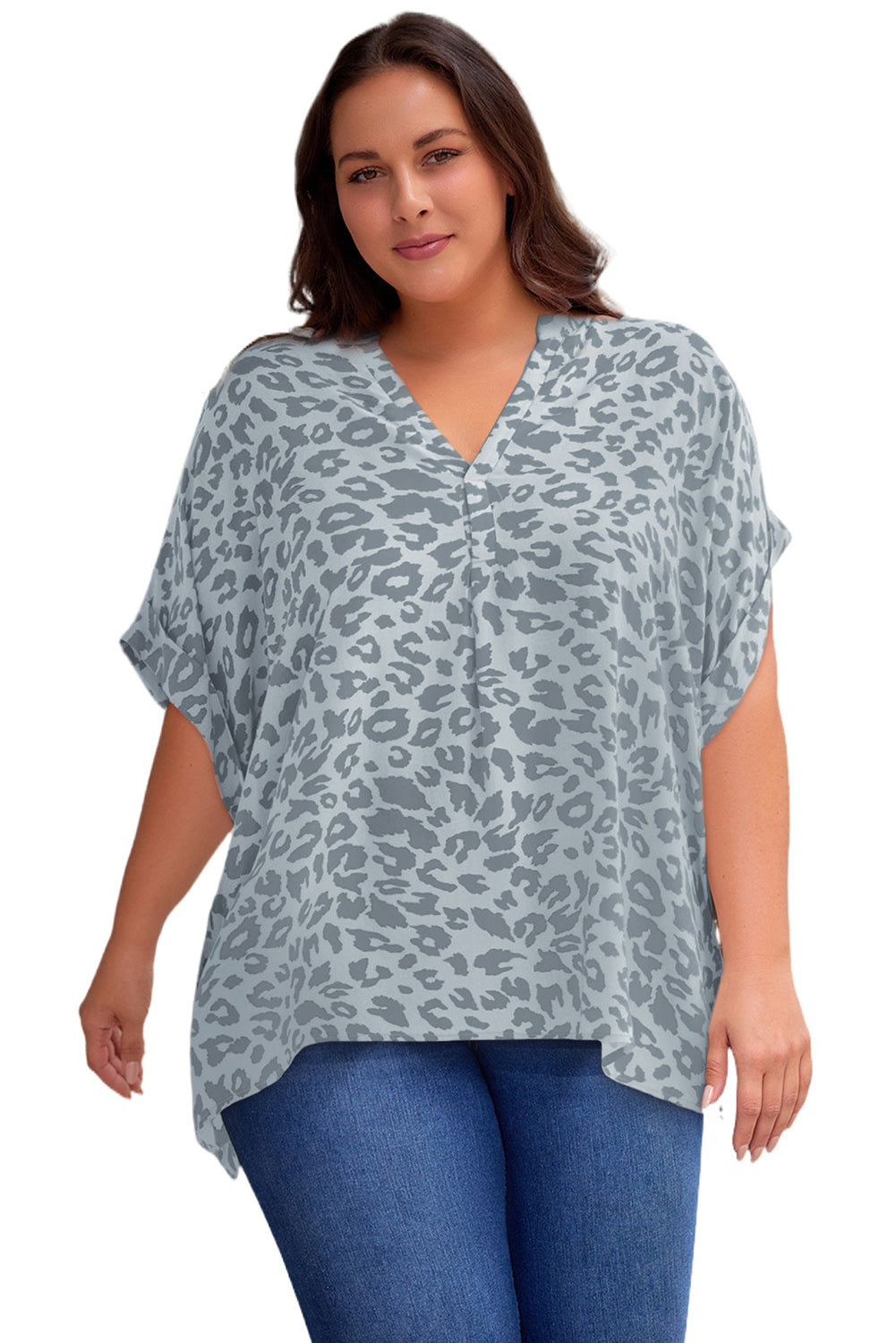 Plus Size Printed Notched Neck Half Sleeve Top | Maekery Studio