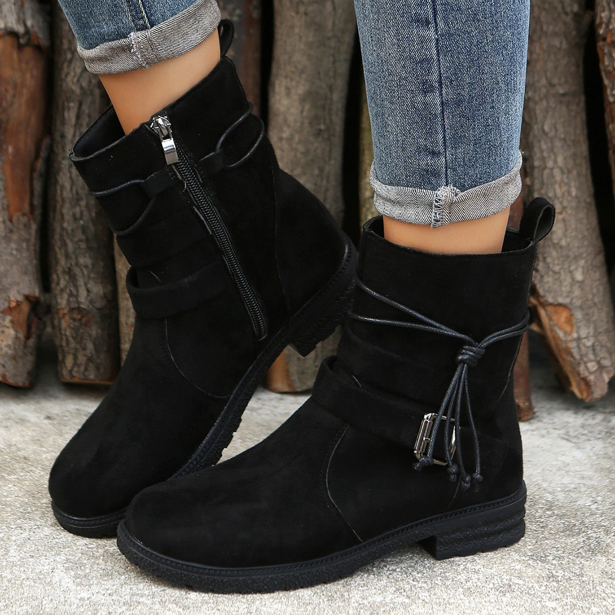 Suede Side Zip Round Toe Boots | Maekery Studio