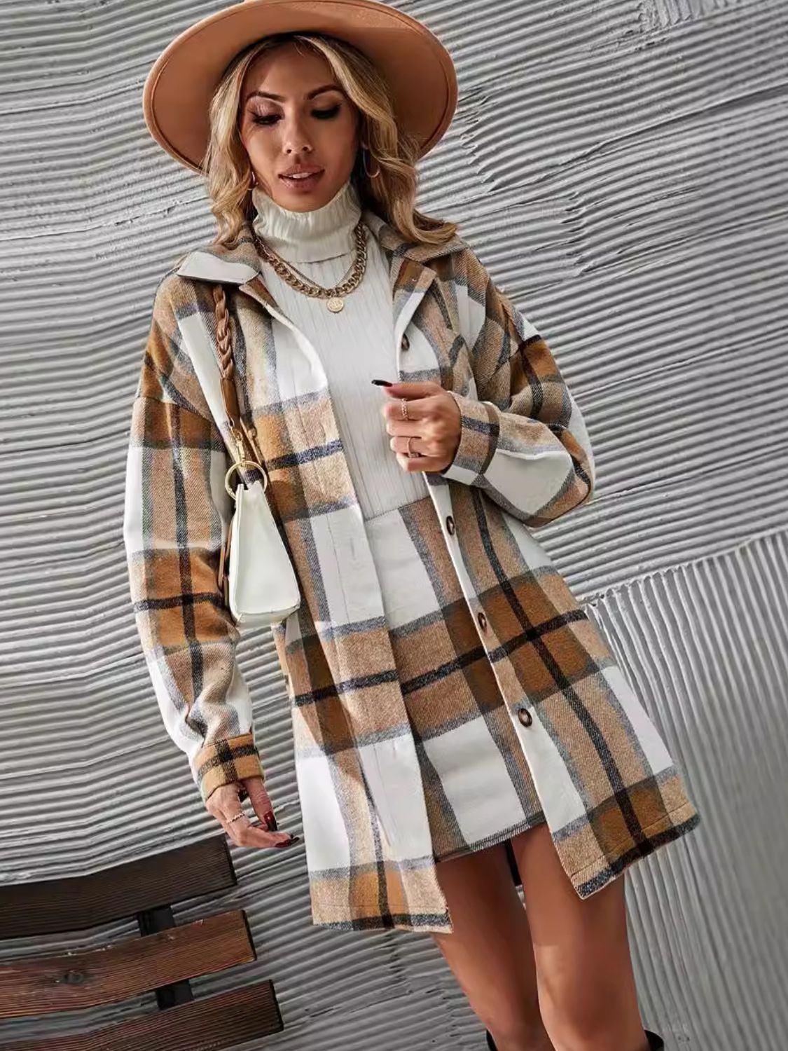 Plaid Button Up Long Sleeve Coat and Skirt Set | Maekery Studio