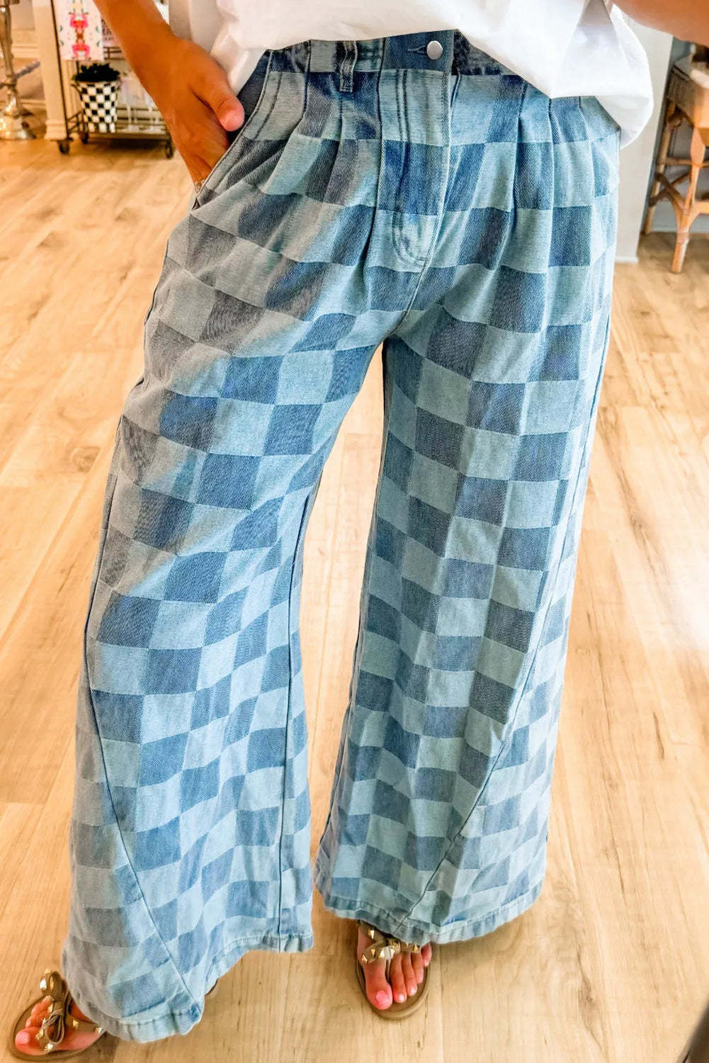 Checkered Wide Leg Jeans with Pockets | Maekery Studio