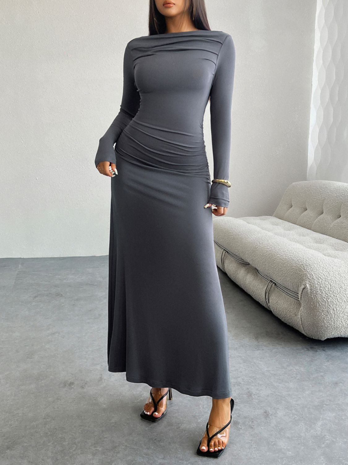 Devine Ruched Long Sleeve Maxi Dress | Maekery Studio