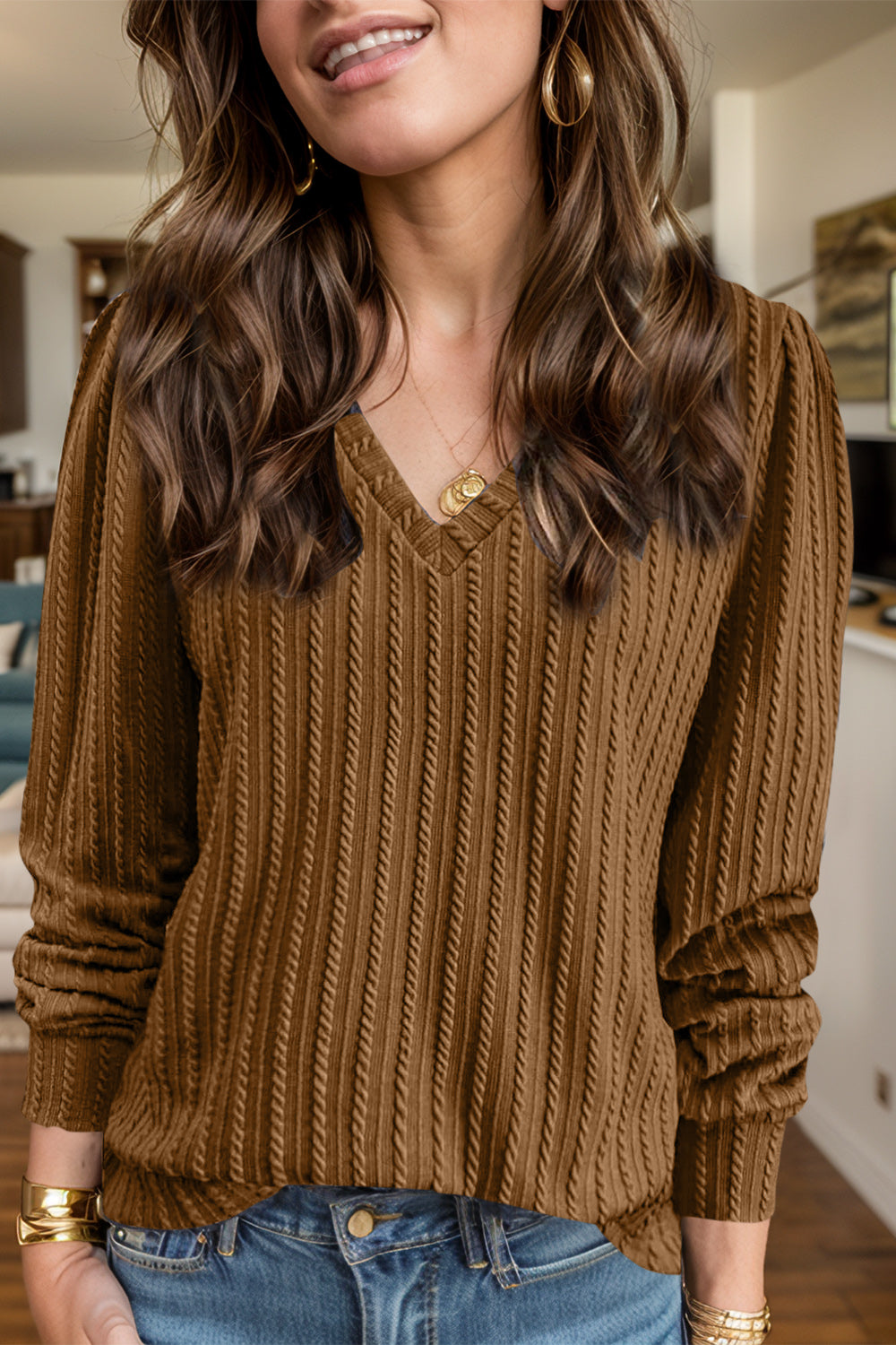 Textured V-Neck Long Sleeve T-Shirt | Maekery Studio