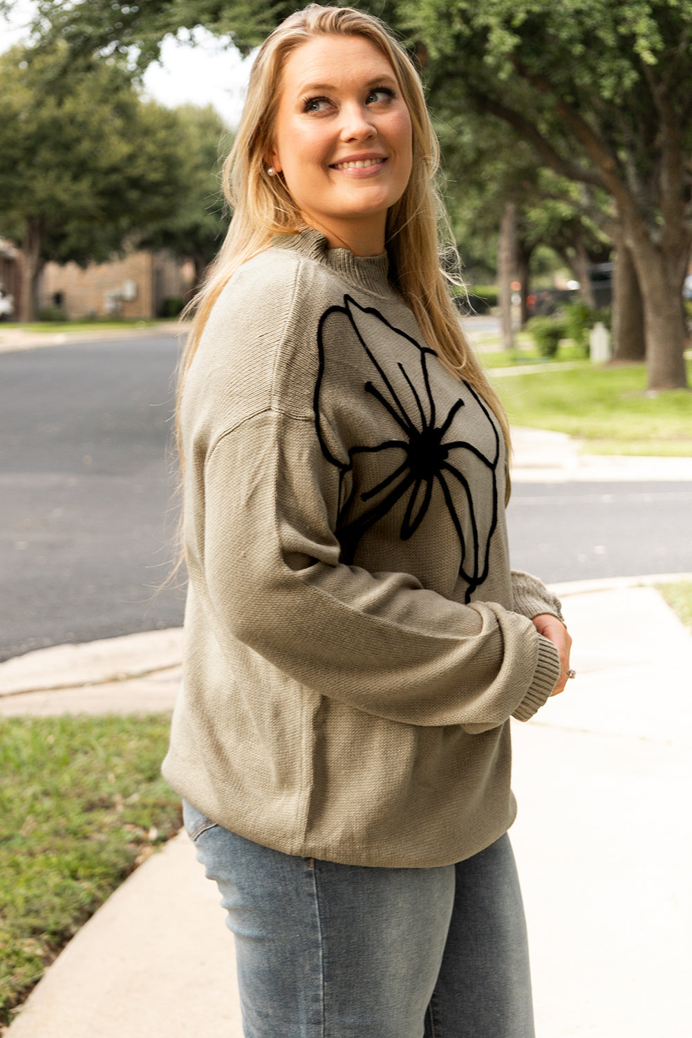 Dark Khaki Plus Size Flower Pattern High Neck Drop Shoulder Sweater