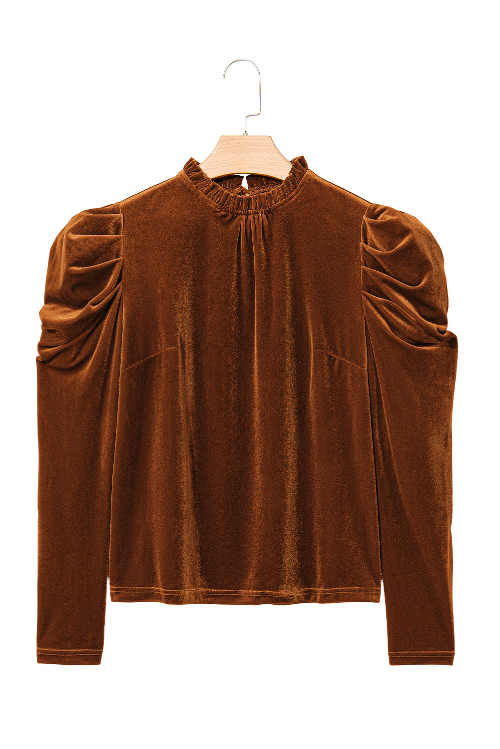 Chestnut Velvet Frilled Neck Ruched Puff Sleeve Top