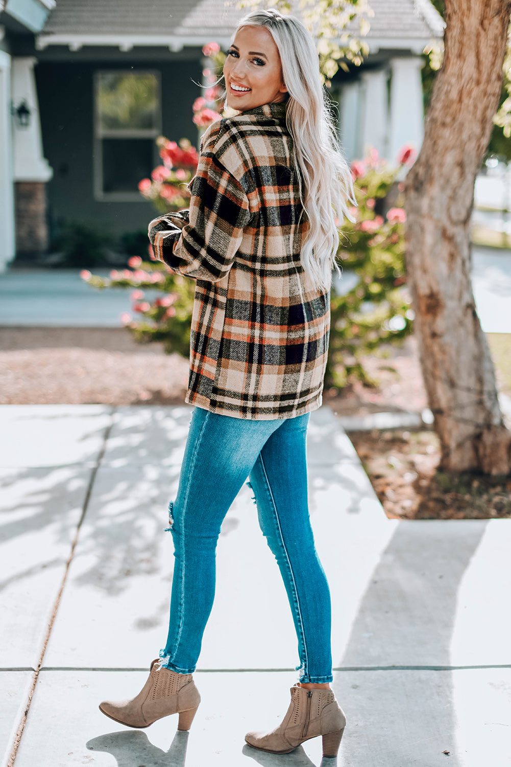 Plaid Button Front Shirt Jacket with Breast Pockets | Maekery Studio