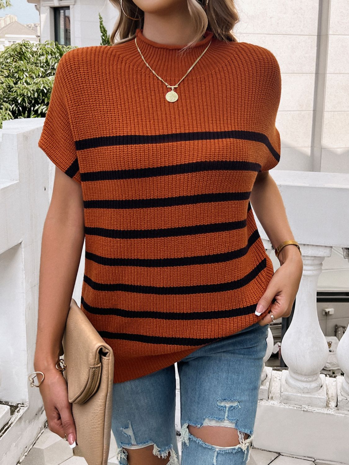 Devine Striped Mock Neck Short Sleeve Sweater | Maekery Studio