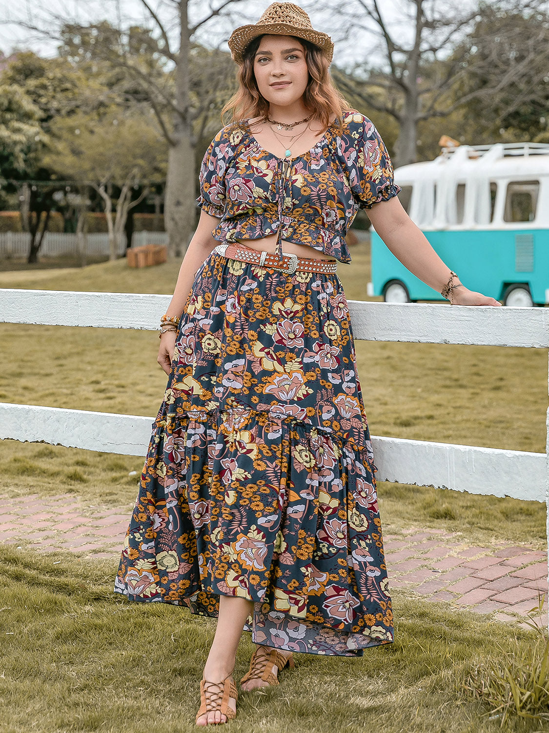 Plus Size Tie Neck Short Sleeve Top and Skirt Set | Maekery Studio