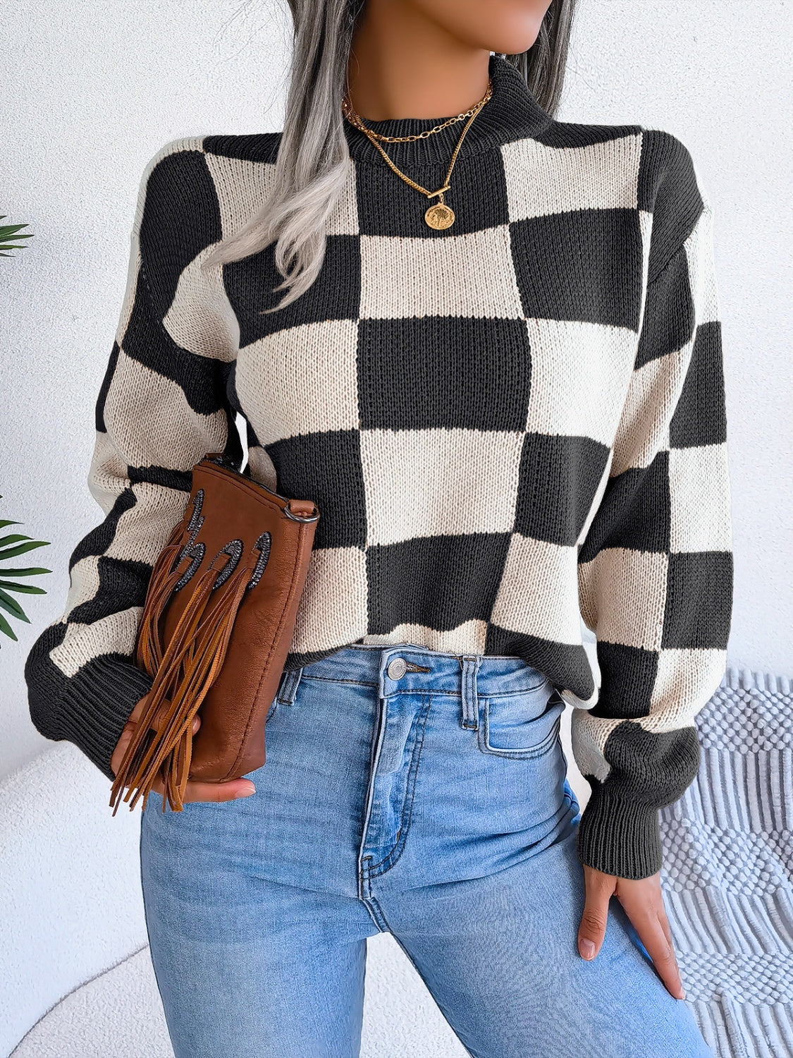 Checkered Mock Neck Long Sleeve Sweater | Maekery Studio