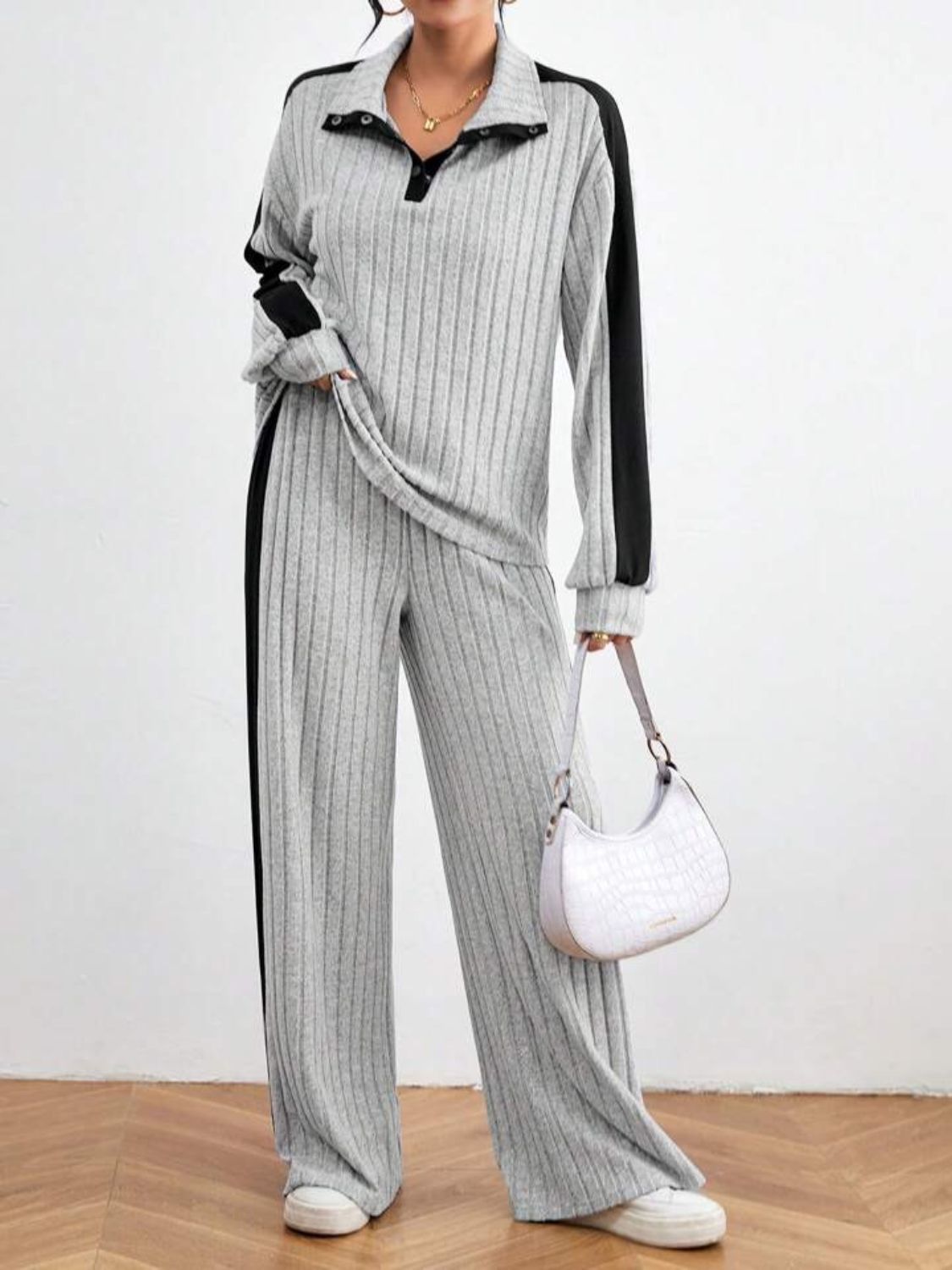 Contrast Collared Neck Long Sleeve Top and Pants Set | Maekery Studio