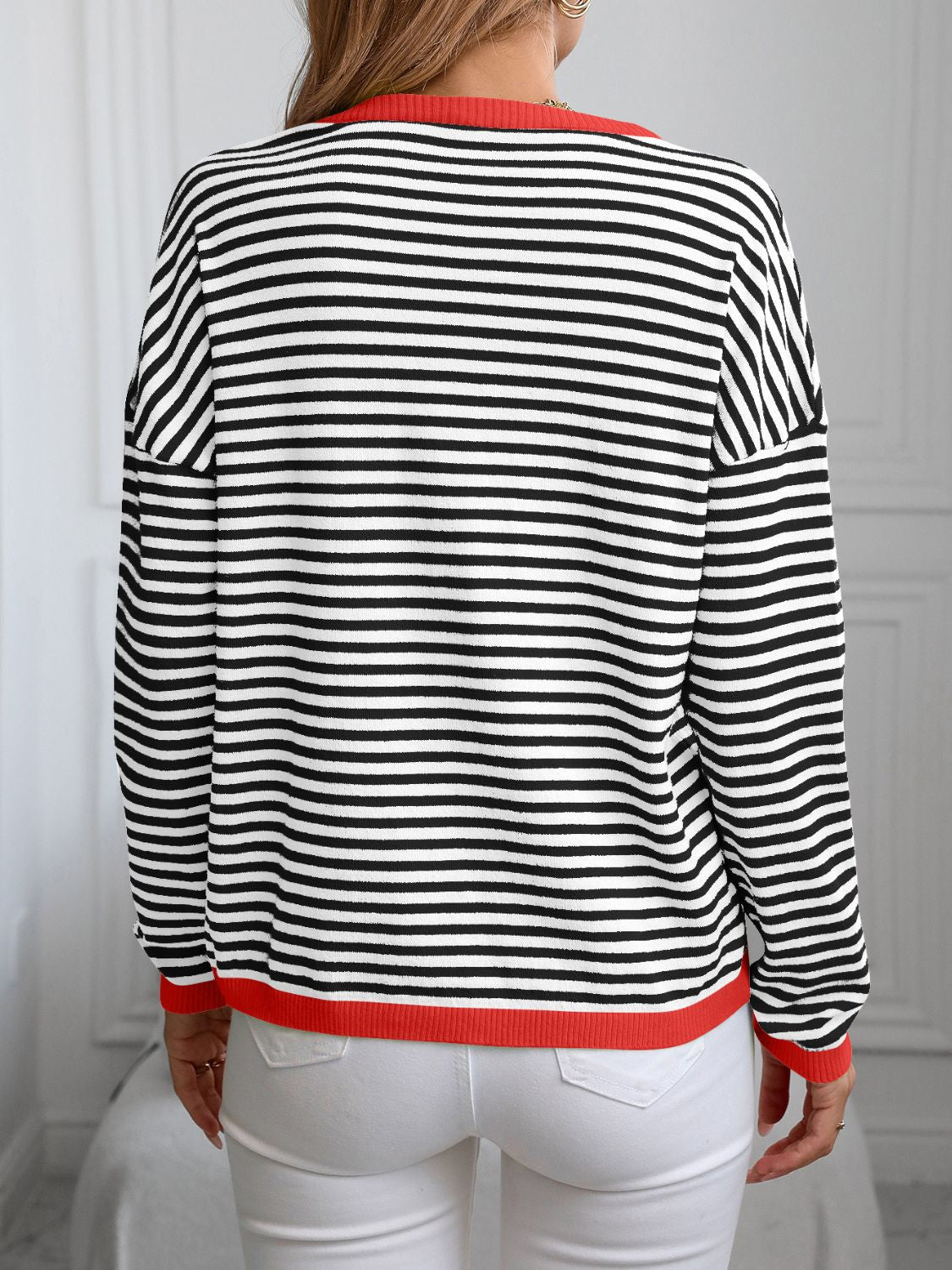 Contrast Trim Striped V-Neck Long Sleeve Knit Top | Maekery Studio