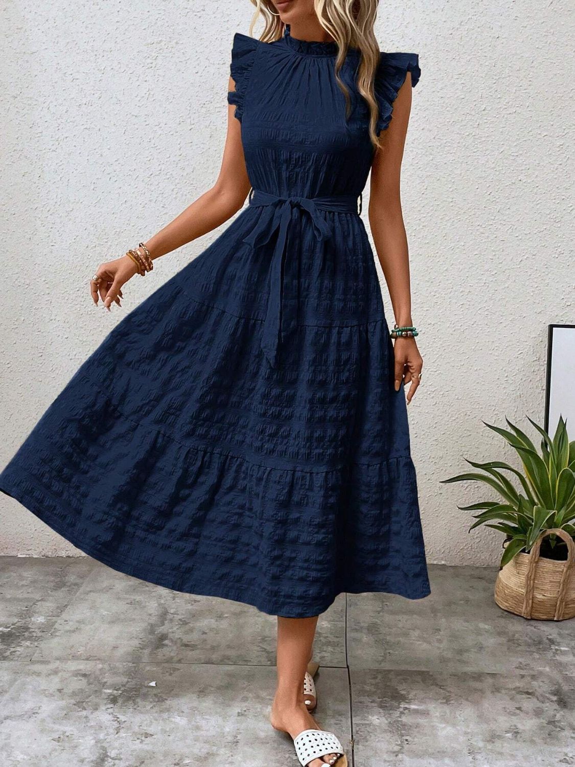 Tied Ruffled Cap Sleeve Midi Dress | Maekery Studio