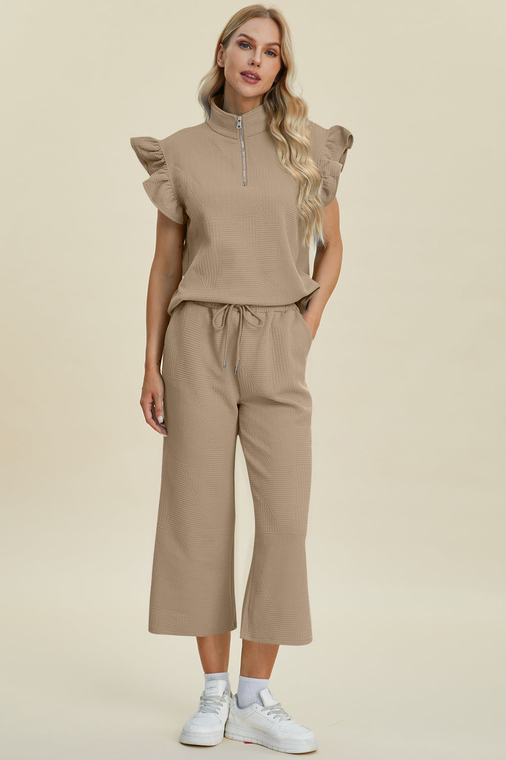 Double Take Full Size Texture Ruffle Short Sleeve Top and Wide Leg Pants Set | Maekery Studio