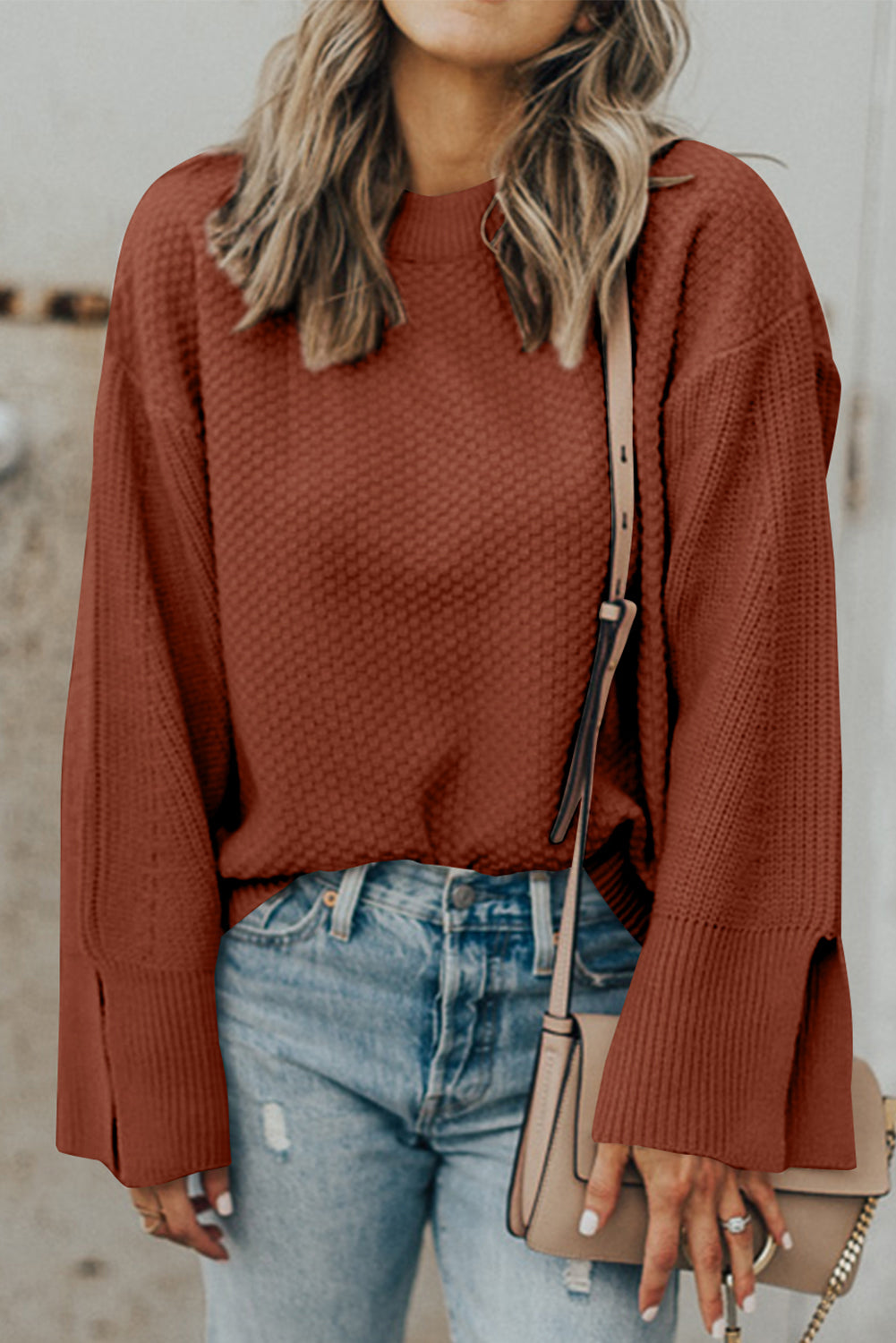 Textured Round Neck Long Sleeve Sweater | Maekery Studio