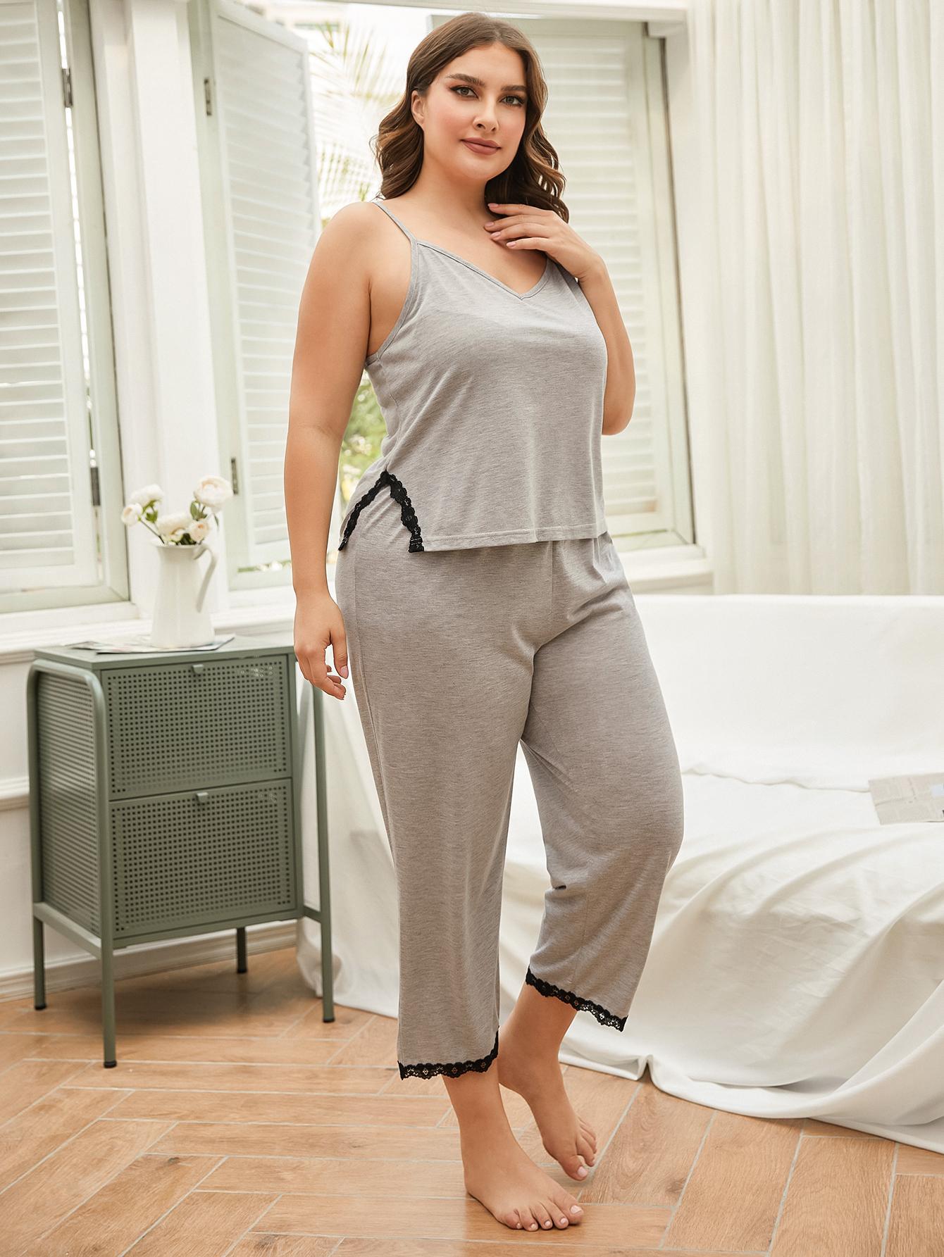 Plus Size Lace Trim Slit Cami and Pants Pajama Set | Maekery Studio