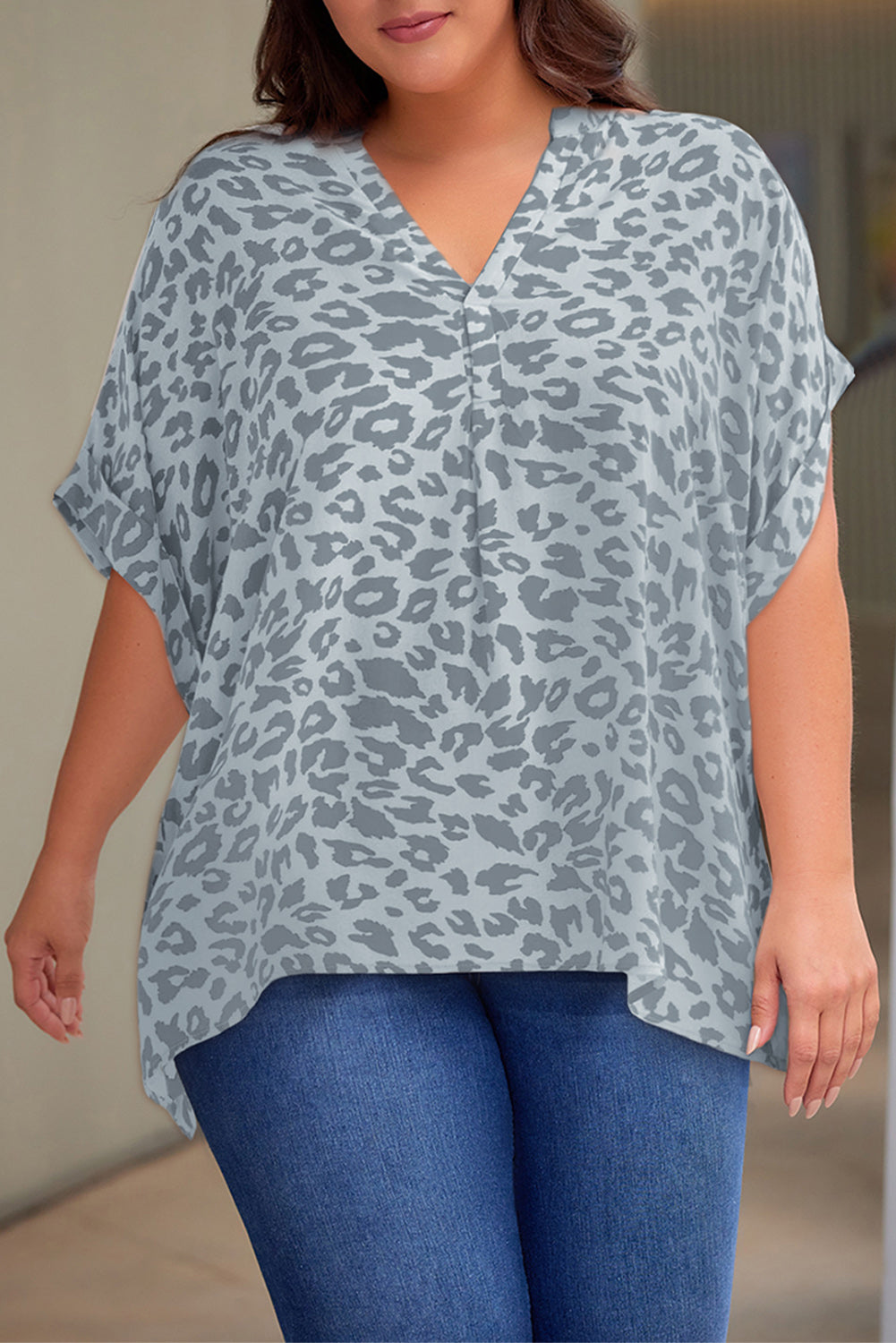 Plus Size Printed Notched Neck Half Sleeve Top | Maekery Studio