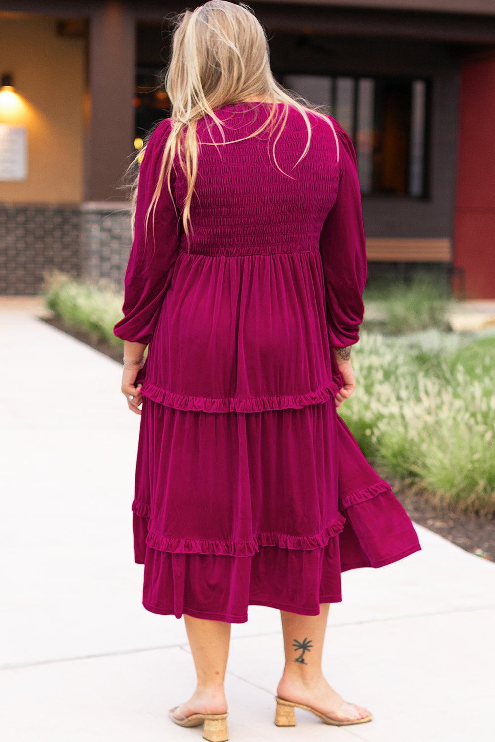 Rose Red Smocked V Neck Tiered Ruffle Velvet Plus Size Maxi Dress | Maekery Studio