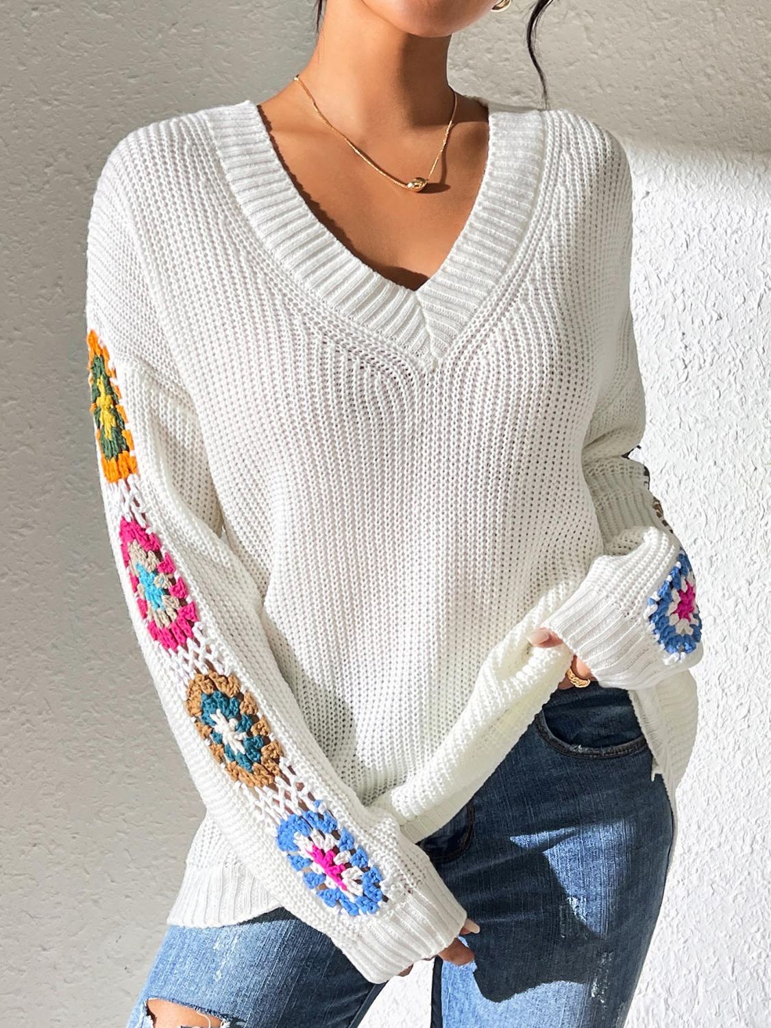 Crochet Flower V-Neck Sweater | Maekery Studio