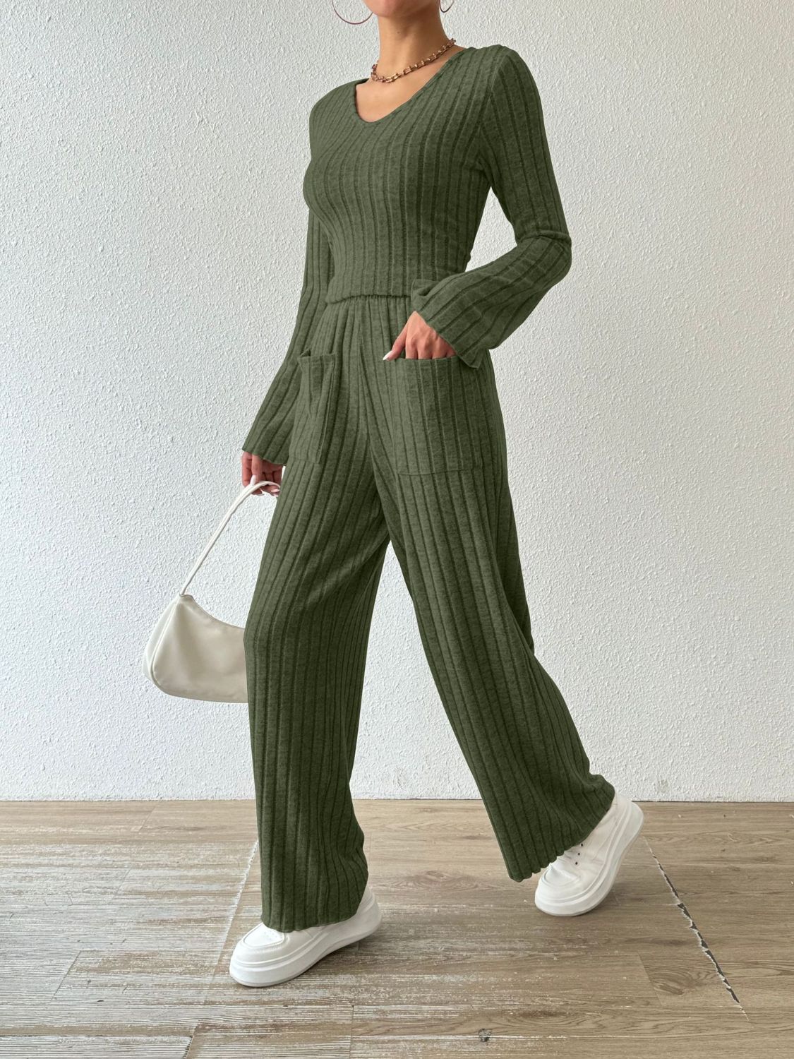 Ribbed V-Neck Long Sleeve Top and Pocketed Pants Set | Maekery Studio