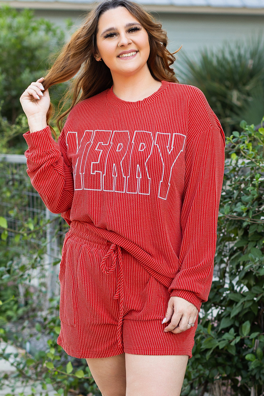 Racing Red MERRY Ribbed Long Sleeve Top and Shorts Plus Size Set