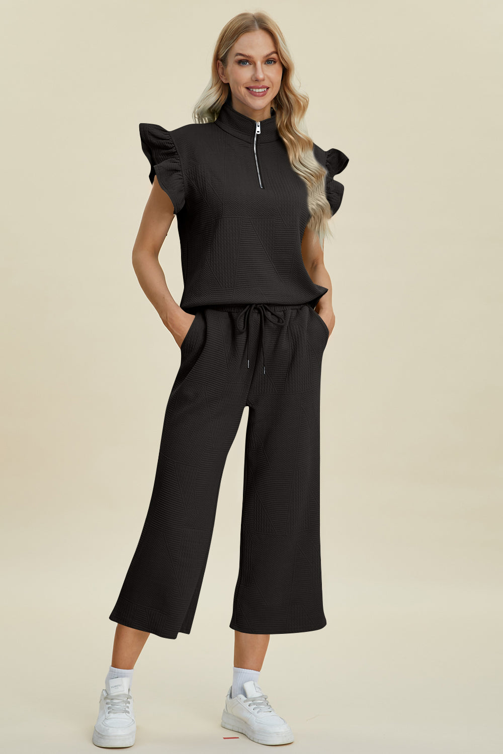 Double Take Full Size Texture Ruffle Short Sleeve Top and Wide Leg Pants Set | Maekery Studio