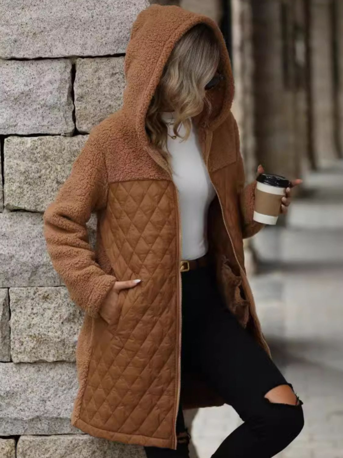 Texture Zip Up Long Sleeve Hooded Coat | Maekery Studio