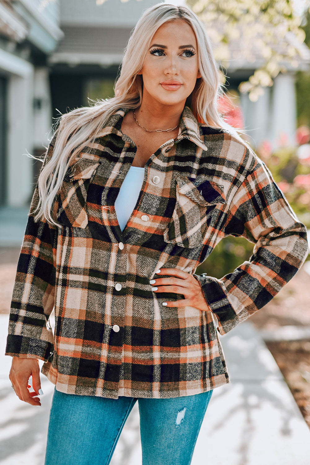 Plaid Button Front Shirt Jacket with Breast Pockets | Maekery Studio