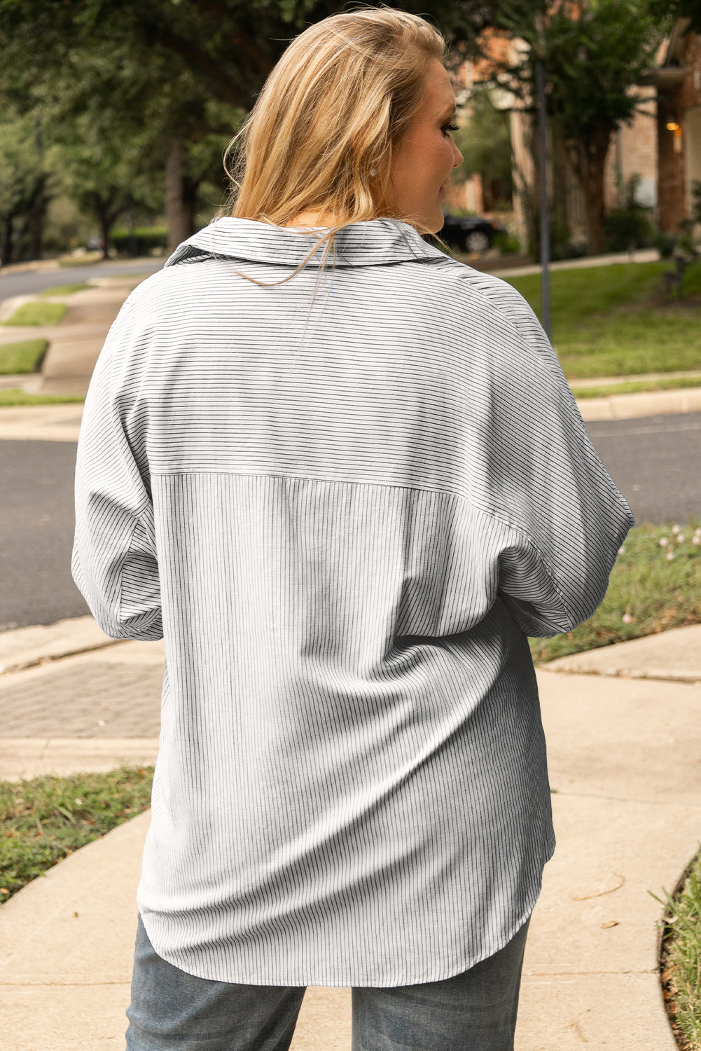 White Stripe Rolled Tab Sleeve Buttoned Plus Size Shirt | Maekery Studio