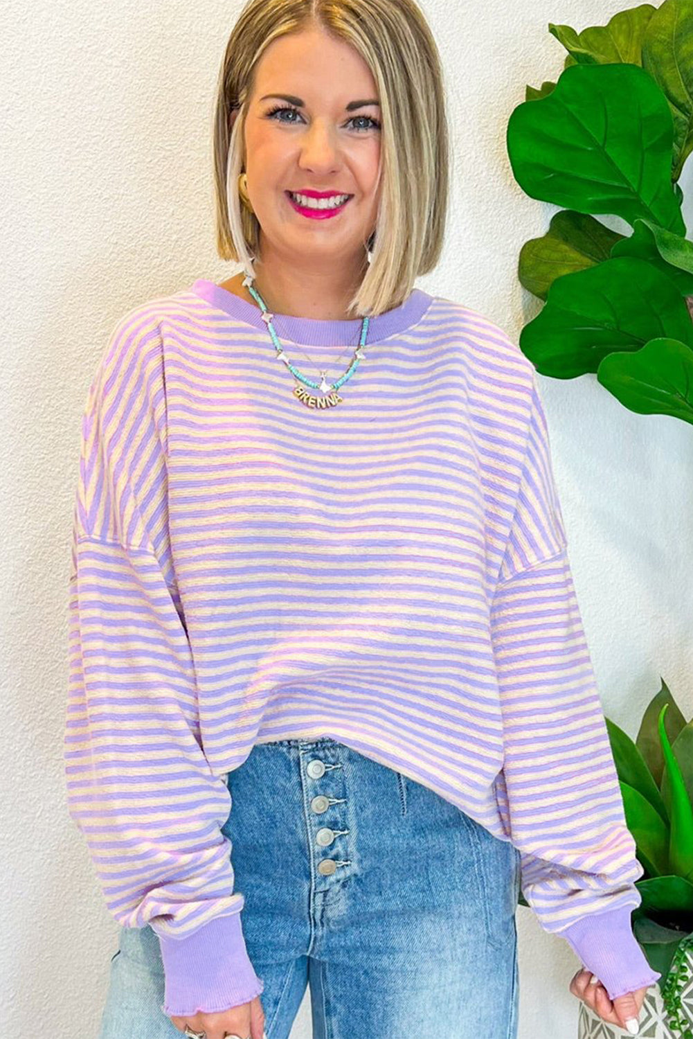 Purple Stripe Drop Shoulder Long Sleeve Top