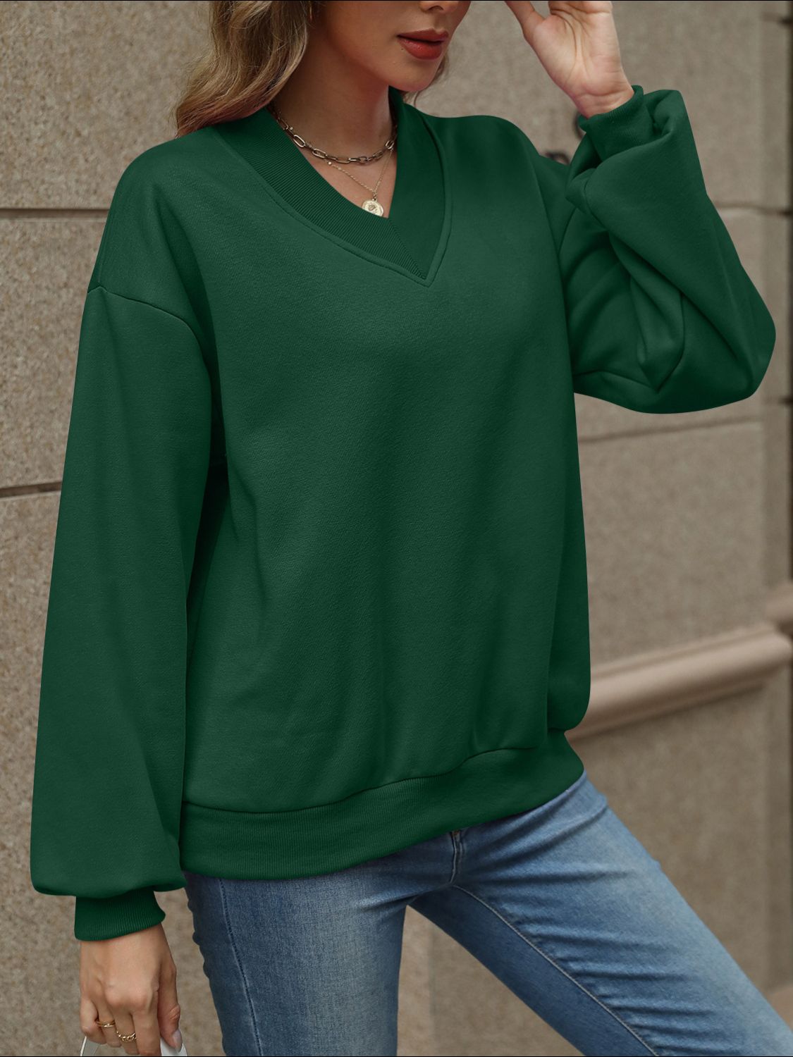 V-Neck Long Sleeve Dropped Shoulder Sweatshirt | Maekery Studio