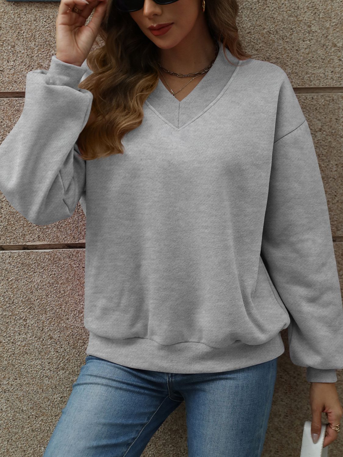 V-Neck Long Sleeve Dropped Shoulder Sweatshirt | Maekery Studio