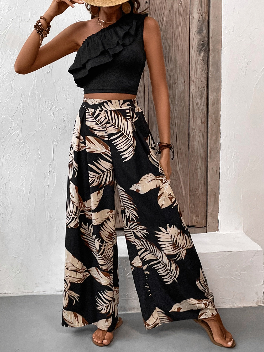 Honey Ruffled Sleeveless Top and Printed Pants Set | Maekery Studio