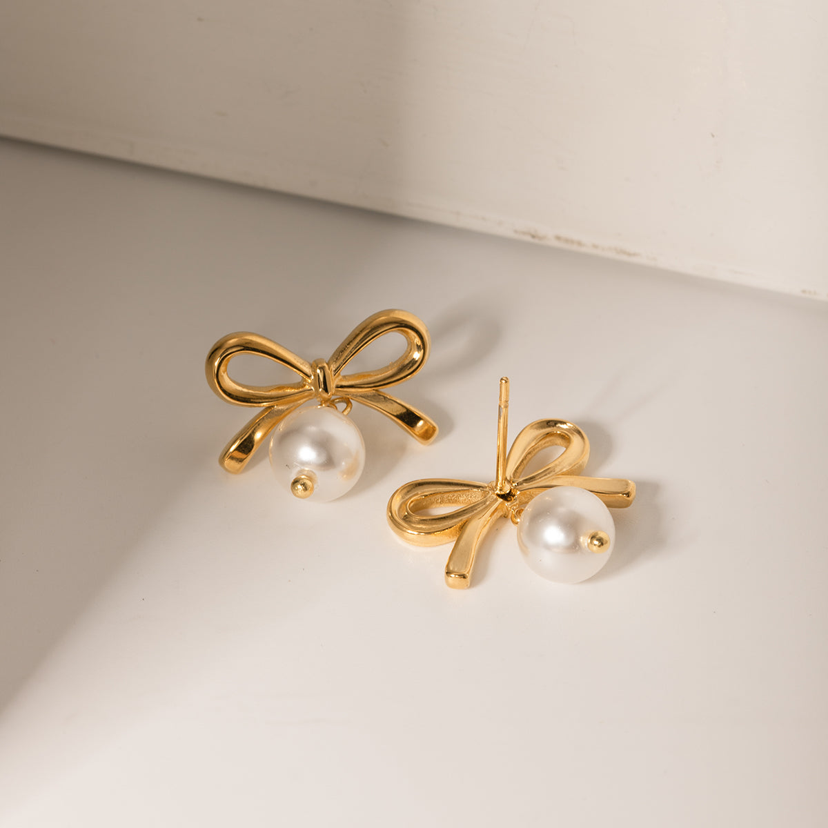 Stainless Steel Bow Pearl Earrings | Maekery Studio