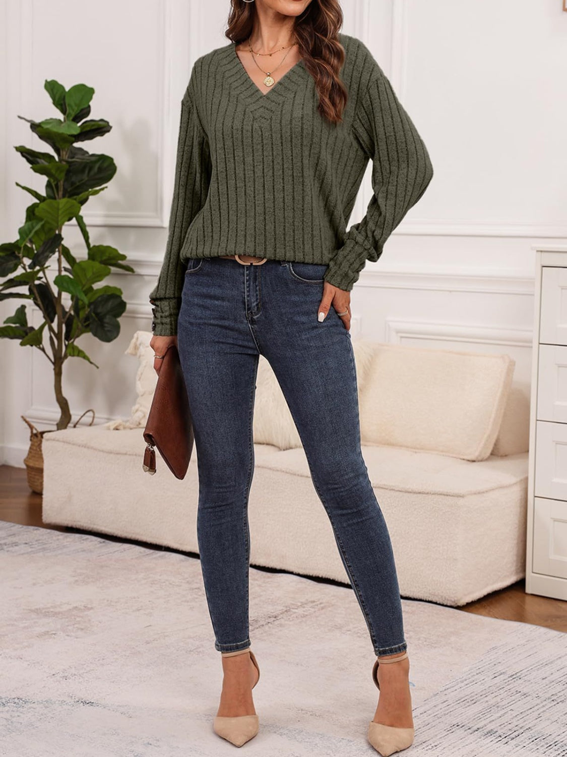 Ribbed V-Neck Long Sleeve T-Shirt | Maekery Studio