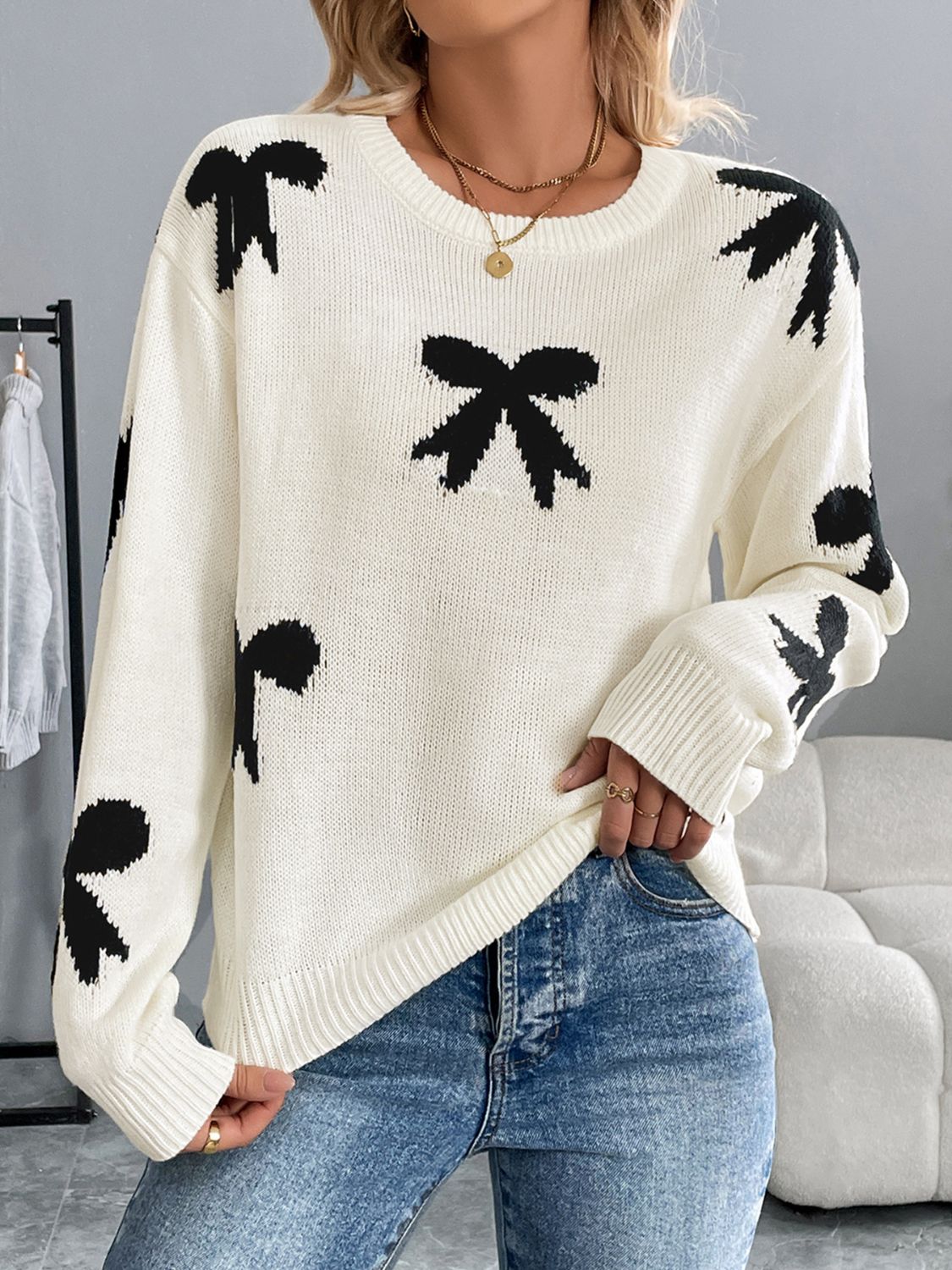 Perfee Bow Graphic Round Neck Long Sleeve Sweater | Maekery Studio